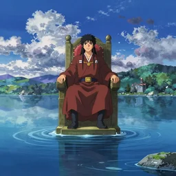 a lone emperor sitting on a throne floating on water in the middle of a lake drawn by Makoto Yukimura in the style of Vinland saga anime, full color, detailed, psychedelic