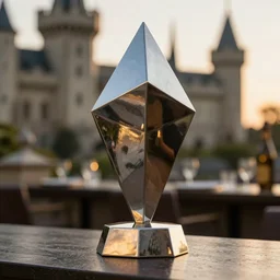 a reflective geometric steel engineering trophy at a high end bar in a medieval themed castle in golden afternoon light, professional food photography