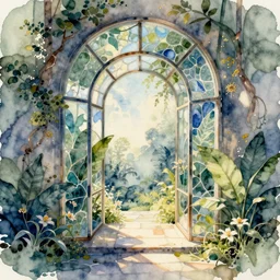 watercolor stain - glass portal to paradise, ultra detailed, photorealistic, octane render, high definition, fine details, ethereal tones, 8 k, mcbess mood