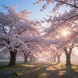 masterpiece ephemeral ethereal field of cherry blossom trees, heavenly glow, soft focus, surreal photography, sunrise, blue sky, dramatic light, photo manipulation, hdr, digital painting, artstation, scott listfield