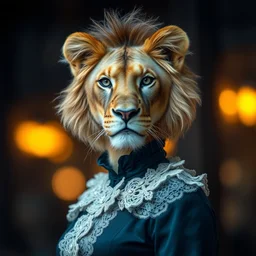 annie leibovitz headshot of an anthropomorphic lioness humanoid female wearing a victorian era dress, bokeh, 5 0 mm