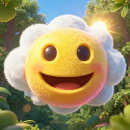 fantastical vibrant 😀 emoji - shaped cloud with holes for eyes and mouth, in a nature scene, high definition, sun breaking behind the 😀 emoji, cheerful, rave art