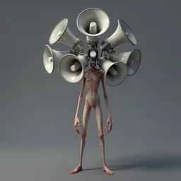 a very thin tall humanoid with several megaphones instead of a head. character concept art, extremely high details, artstation contest winner, art by slawomir maniak, chris rahn. masterpiece