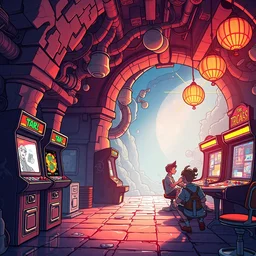 photo cartoon illustration comics manga painting of arcade hallenvironement : 6 fantasy environement, digital painting, unreal engine, 8 k, volumetric lighting, contrast by john kirby by carl warner and jim woodring, trending on artstation