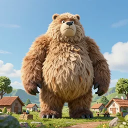 low angle photo of a colossus fluffy creature on a village, ultra detailed, 4 k