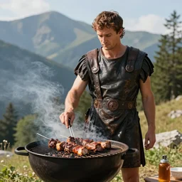 julius caesar grilling meat in a barbecue outside, sunlight, natural lighting, nature, mountain, barbecue, professional photography, 5 0 mm