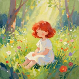 a cute young girl with short curly red hair sitting in a field of flowers, god rays are passing through the trees in the background, abstract painting