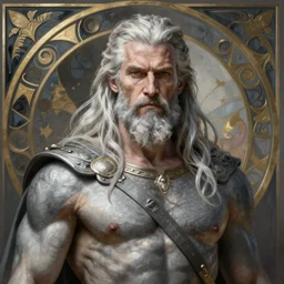 painted portrait of rugged odin, god of war, norse god, white hair, masculine, mature, old man, warrior, handsome, upper body, grey and silver, muscular, hairy torso, fantasy, intricate, muscular, elegant, highly detailed, digital painting, artstation, concept art, smooth, sharp focus, illustration, art by gaston bussiere and alphonse mucha
