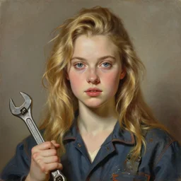 baroque oil painting character headshot portrait concept art, uma thurman, realism key visual of young female mechanic, oily coveralls, holding spanner, studio soft light directed, gaze finely detailed perfect face, long flowing blonde hair, blue eyes, trending on pixiv fanbox, painted by greg rutkowski