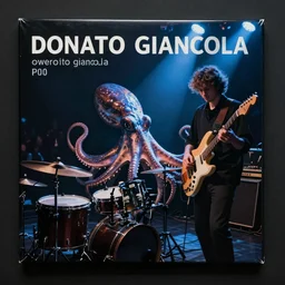 a beautiful vinyl cover by donato giancola of an octopus playing drums and telecaster guitar in an electronic concert, dark background, concert light, dark mood, cold blue lights