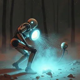 ai robot getting kick the shit out by humans artists, by simon stalenhag and rj palmer, anato finnstark