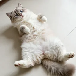 a fluffy adorable cat lay on it's back with belly showing