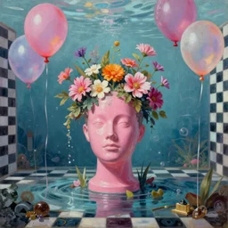 liminal spaces, party balloons, checkered pattern, david friedrich, award winning masterpiece with incredible details, zhang kechun, a surreal vaporwave vaporwave vaporwave vaporwave vaporwave painting by thomas cole of an old pink mannequin head with flowers growing out, sinking underwater, highly detailed