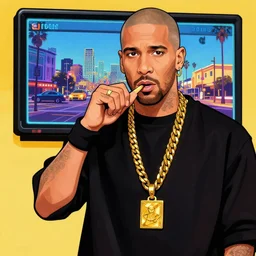 illustration of zinedine zidane as a raper, gold chain, gta waiting screen, los angeles, by stephen bliss