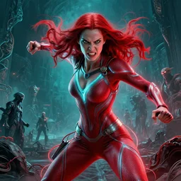 Portrait Masterpiece, Wanda Maximoff, dynamic pose, furious, red and cyan, glowing, wires everywhere, by Edgar Maxence and Ross Tran, Zdzisław Beksiński, and Michael Whelan, distant, gustav dore, H.R. Giger, 8k, octane render
