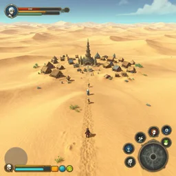 gameplay walkthrough 3 rd person adventure game spiritual alien village in oasis of a vast flat empty sand desert with dunes, screenshot, final fantasy, square enix, jrpg, unreal engine