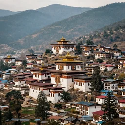 Small Bhutanese city of Thimpu in the Himalayas, National Geographic photography, Greg Rutkowski, trending on ArtStation, Deviantart, HD screenshot