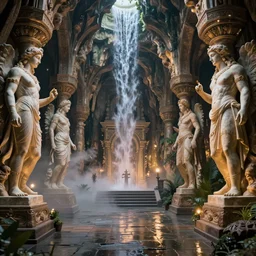 a fantasy elven hall interior in the style of a waterfall cave, huge Greek statues, wet floors, high ceiling, dark moody lighting, foggy atmosphere, 20mm lens, bright colors, by Craig Mullins and Denis Villeneuve, octane rendering