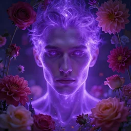 closeup portrait of an ethereal man made of purple light, divine, cyberspace, mysterious, surrounded by flowers, roses, dahlias, art by Artgerm
