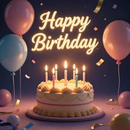 matte painting of a birthday cake with candles. balloons, streamers, confetti. Happy birthday.