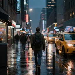 « a man walking in a night raining streets, new york, big city, taxi, cars, shops one the side with neons,, highly detailed, photorealistic, unreal engine 5, back view »