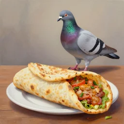 painting of a live pidgeon inside of a doner kebap
