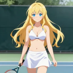 a very beautiful young anime tennis girl, full body, long wavy blond hair, sky blue eyes, full round face,, bikini, miniskirt, front shot, highly detailed, cinematic wallpaper by stanley artgerm lau