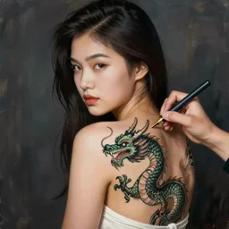 a Portrait of a beautiful Asian girl getting a tattoo of a dragon on her back by Norman Rockwell