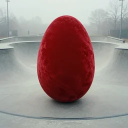 large red velvet sculpture like upscaled egg, curved, in the style of anish kapoor, stands in the middle of a curved concrete skate park, inside view skate park, on the low fog, film still from the movie directed by denis villeneuve with art direction by zdzisław beksinski, parts by denis villeneuve close up,