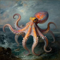 giant rainbow - colored octopus thrashing about in a stormy ocean, by jmw turner