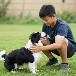 a short young man named hunter playing with his black and white dog