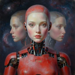 friendly, curvey female humanoid robot, award winning, portrait bust, symmetry, faded red colors, galaxy background, tim hildebrandt, wayne barlowe, bruce pennington, donato giancola, larry elmore, masterpiece, trending on artstation, cinematic composition, beautiful lighting, hyper detailed!!!, 8 k, oil on canvas