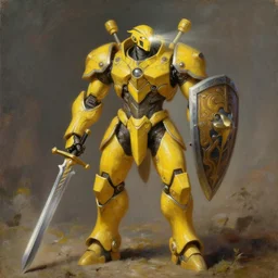 yellow human-sized warforged, detailed, androgynous humanoid mecha character with an iron paladin sword and a huge ornate shield, with a light beaming from his eye, by Roger Dean, by Anton Fadeev, by albert bierstadt, magical realism, oil on canvas, soft render, octane, artstation