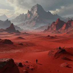 The blood landscape with mountains in the background, Sci-Fi fantasy wallpaper, painted, 4k, high detail, sharp focus