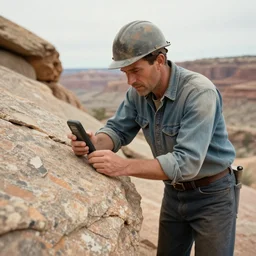 a proud 1 8 0 0 century miner finding a cellphone inside a granite rock, canyon valley, usa