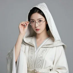 picture of an adult female illusionist, female, elegant robes, intricate hood, small glasses, dnd, highly detailed, detailed face, grayscale, manga illustration, black and white, by artgerm, greg rutkowski, alphonse mucha