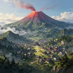a powerful japanese village high in mountains, fanart artstation global illumination rtx hdr fanart arstation 3 d, volcano, concept art by greg rutkowski and laurie greasley, fantastic landscape, 8 k, cinematic color grading