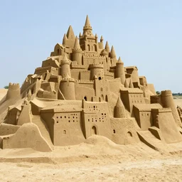 photograph of a sand sculpture of a massive detailed medieval town