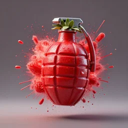 strawberry hand grenade exploding into red shrapnel x - particle octane render cinema 4 d 1 6 k resolution
