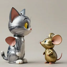 closeup profile portrait of tin toy cat and tin toy mouse, depth of field, zeiss lens, detailed, symmetrical, centered, fashion photoshoot, by nicoletta ceccoli, mark ryden, lostfish, breathtaking, 8 k resolution, extremely detailed, beautiful, establishing shot, artistic, hyperrealistic, octane render