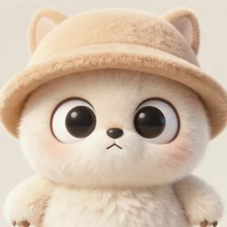 super cute fluffy plushy creature with huge eyes wearing a hat
