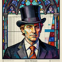 brilliantly colorful lithograph of a fragmented portrait of a a ceo wearing a top hat blending into a stained glass window made of excel spreadsheet cells, poster art by dave mckean, behance contest winner, gothic art, stained glass, poster art, prerendered graphics
