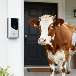 doorbell camera footage shows cow standing in front of front door
