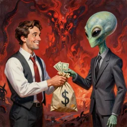 a picture of a smiling salesman taking a bag of money from a grey alien in a suit, a detailed matte painting by mort kunstler, pixiv, kitsch movement, hellish background, movie poster, official art