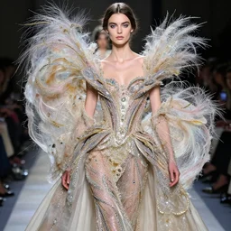 A detailed digital picture of a beautiful women wear haute couture by John Galliano ,ethereal,maximalism,glittering, by patrick woodroffe,Gustave Doré,Trending on artstation,cgsociety，pinterest,vogue,Ligne Claire, DSLR,vivid color
