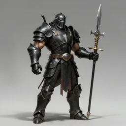 a muscular gamorrean in black armor holding a vibrospear in the style of alex ross