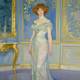 a girl in a blue and gold ivory room, film still by goya, by gaudi, elegant drawing, digital painting, jugendstil, art noveau, strong lights, flat colors, pastel colors