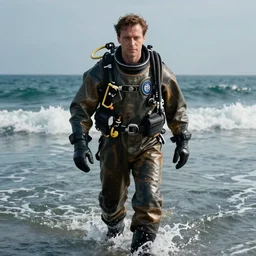 Thomas Shelby wearing a Standard diving dress, walking out the ocean, dramatic, realistic, 8k, 4k, unreal engine
