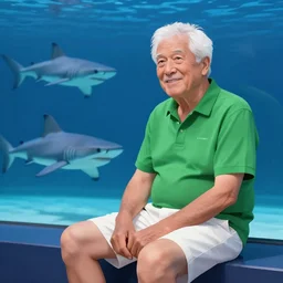 mid white hair old man with green shirt and white short, sitting in shark tank with kevin o'leary