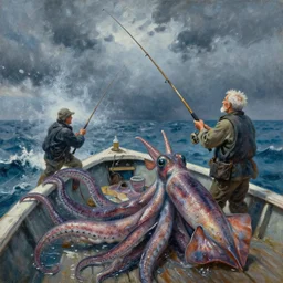 An old fisherman, fishing on a boat, on the sea, in a storm, fighting a very strong giant squid with his fishing rod The giant squids point of view, oil on canvas